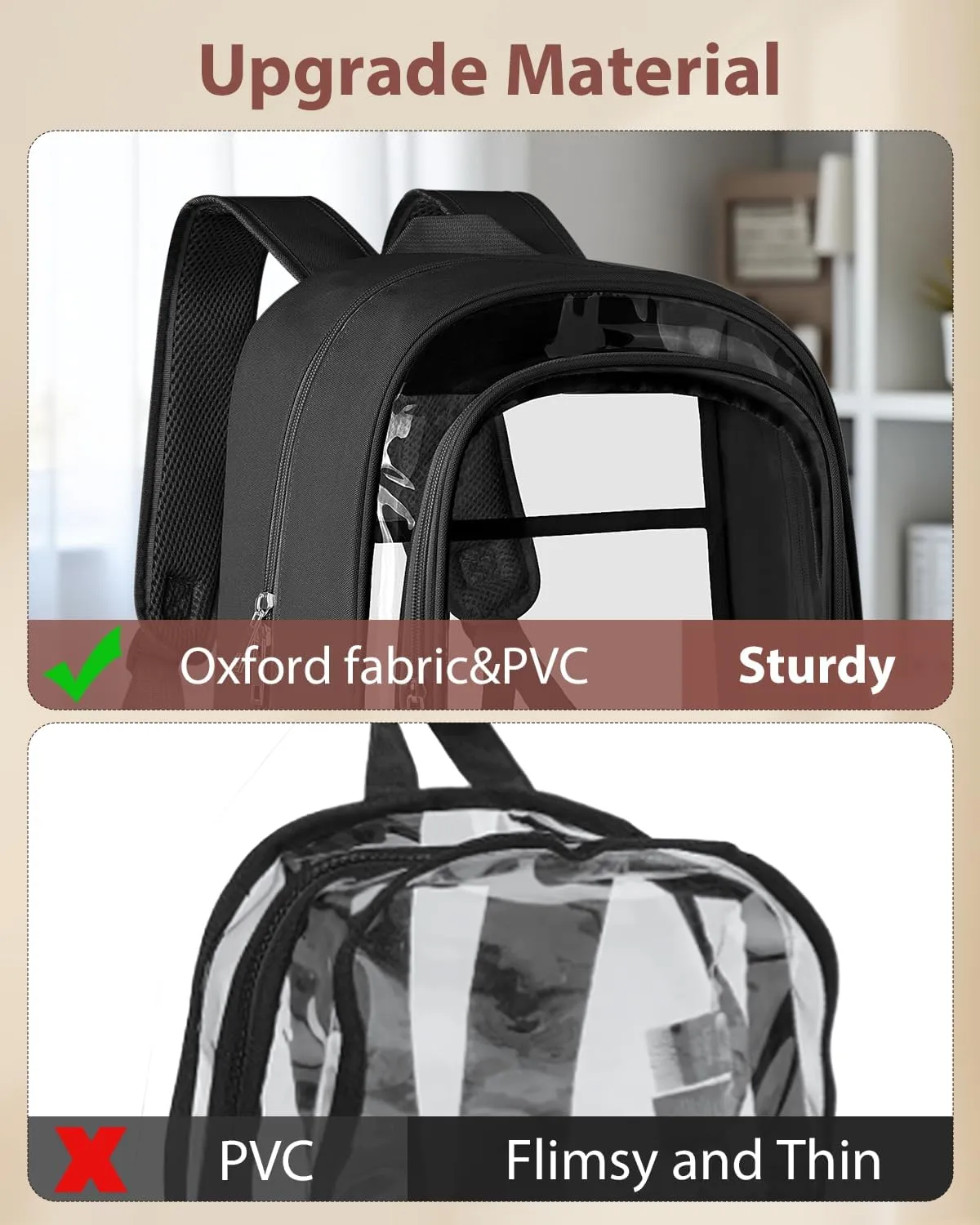 Clear Backpack, Fabric & PVC Transparent Backpack with Reinforced Strap for Women Men, Heavy Duty Transparent Bookbag, Large Capacity Clear bag, Travel, X-Large Black