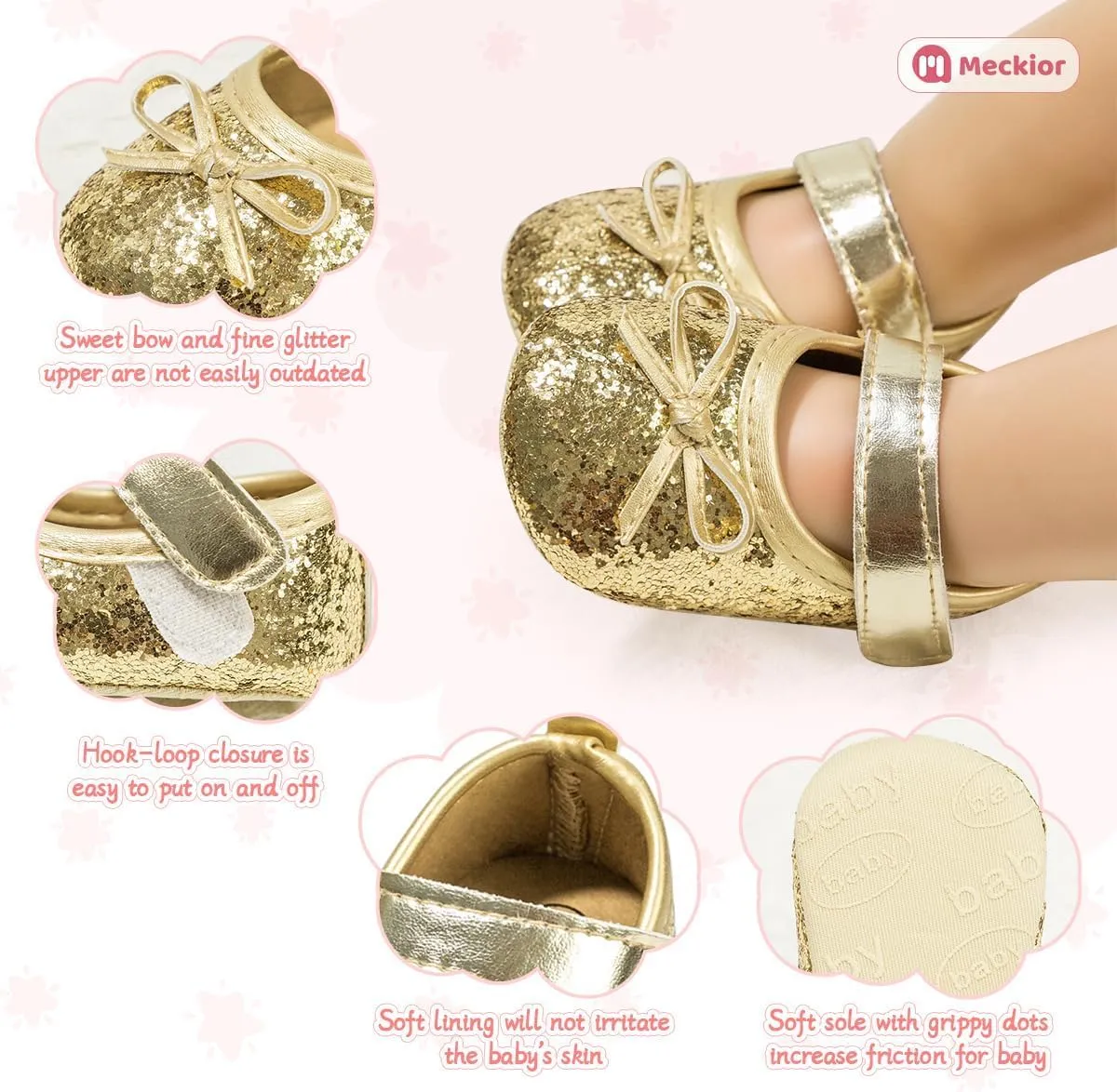 Meckior Infant Baby Girls Soft Sole Bowknot Princess Wedding Dress Mary Jane Flats Prewalker Newborn Light Baby Sneaker Shoes
