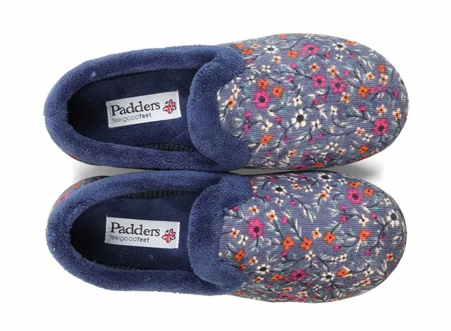 Padders Womens Repose Slippers Denim Floral Cord