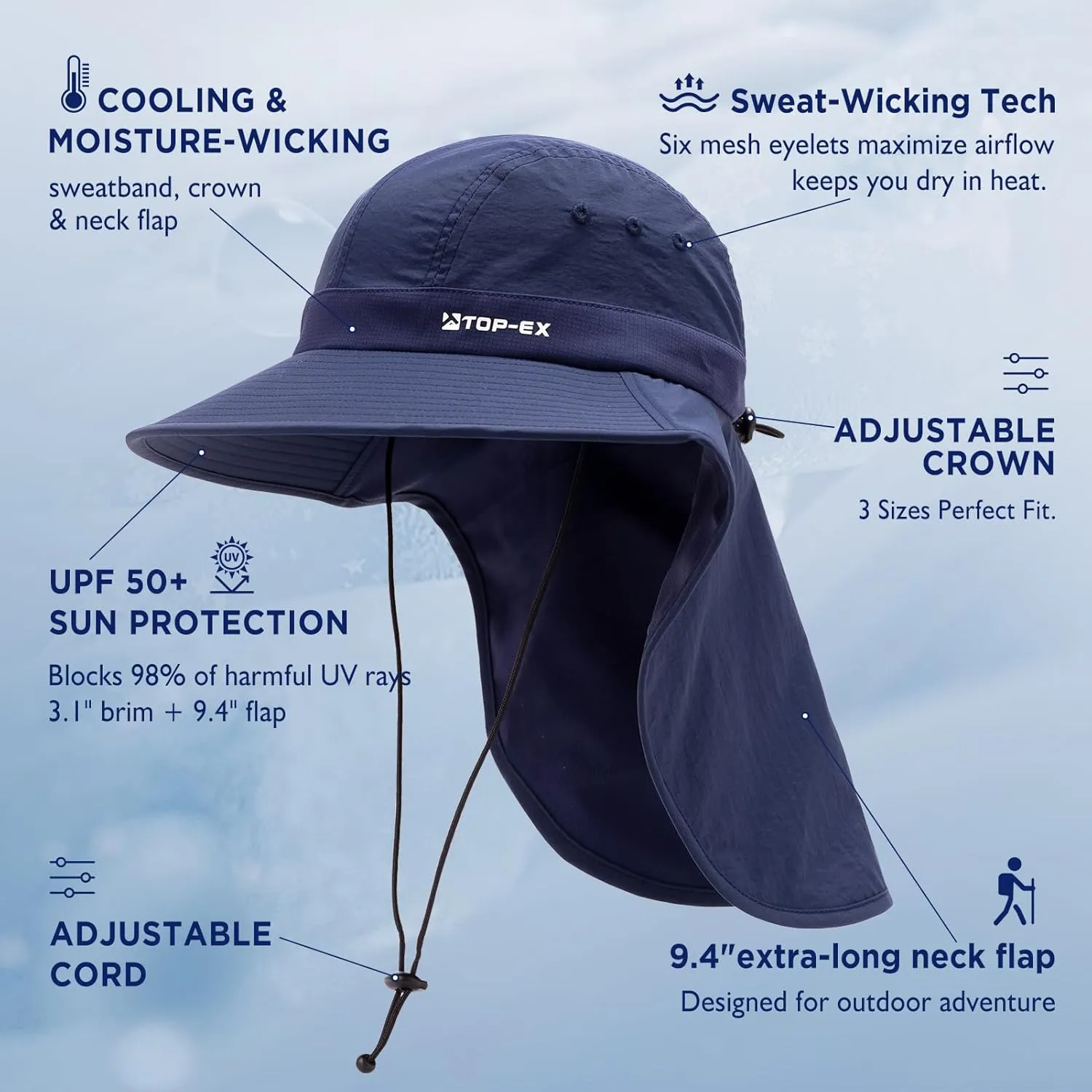 TOP-EX Cooling Sun Hat with Neck Flap ?C UPF 50  Wide Brim Breathable Hat for Hiking, Fishing & Big Heads